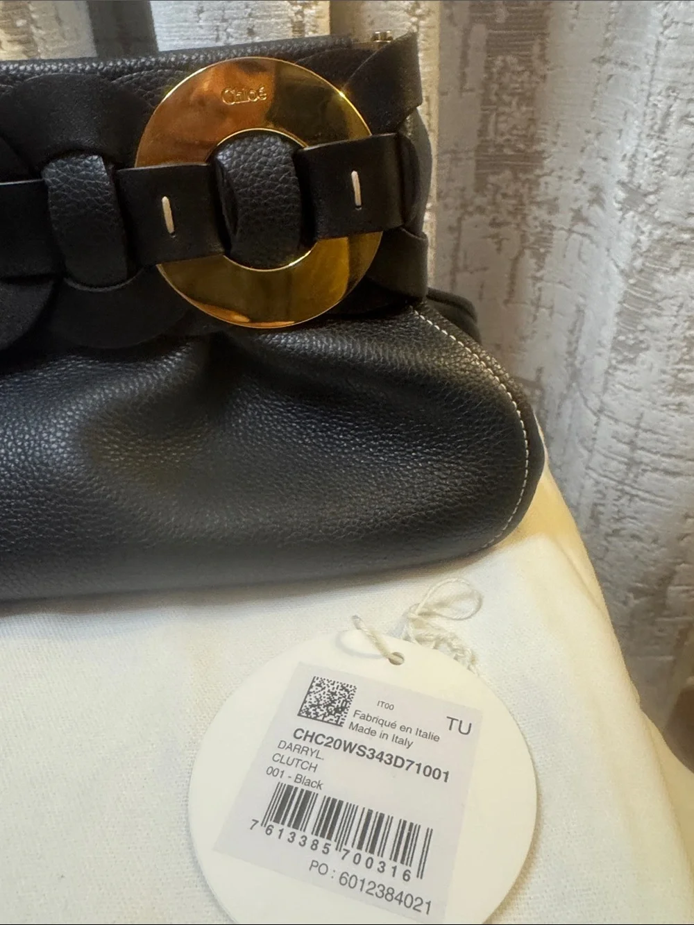Chloé Black Pebbled Leather Clutch with Gold Disc Accent BRAND NEW with tags